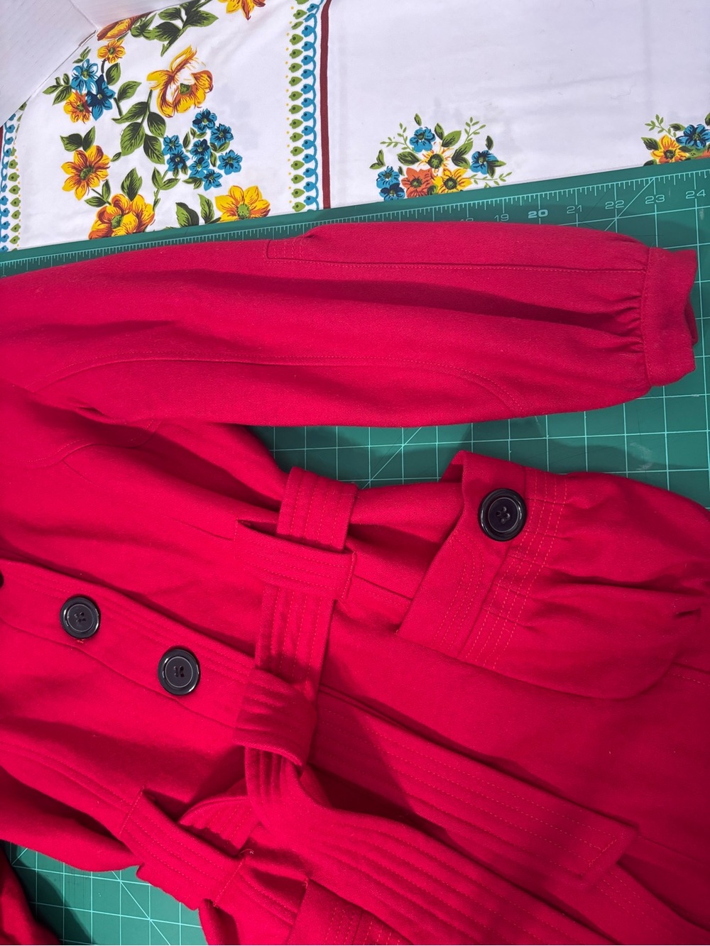 CoffeeShop Women's XS Bright Red Belted Pea Coat Buttons Wool Trench Jacket - Picture 7 of 7